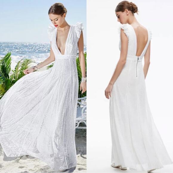 Alice + Olivia Vanna Ruffle Flutter Sleeve Eyelet Embroidered Maxi Dress Size 6 - Picture 2 of 12